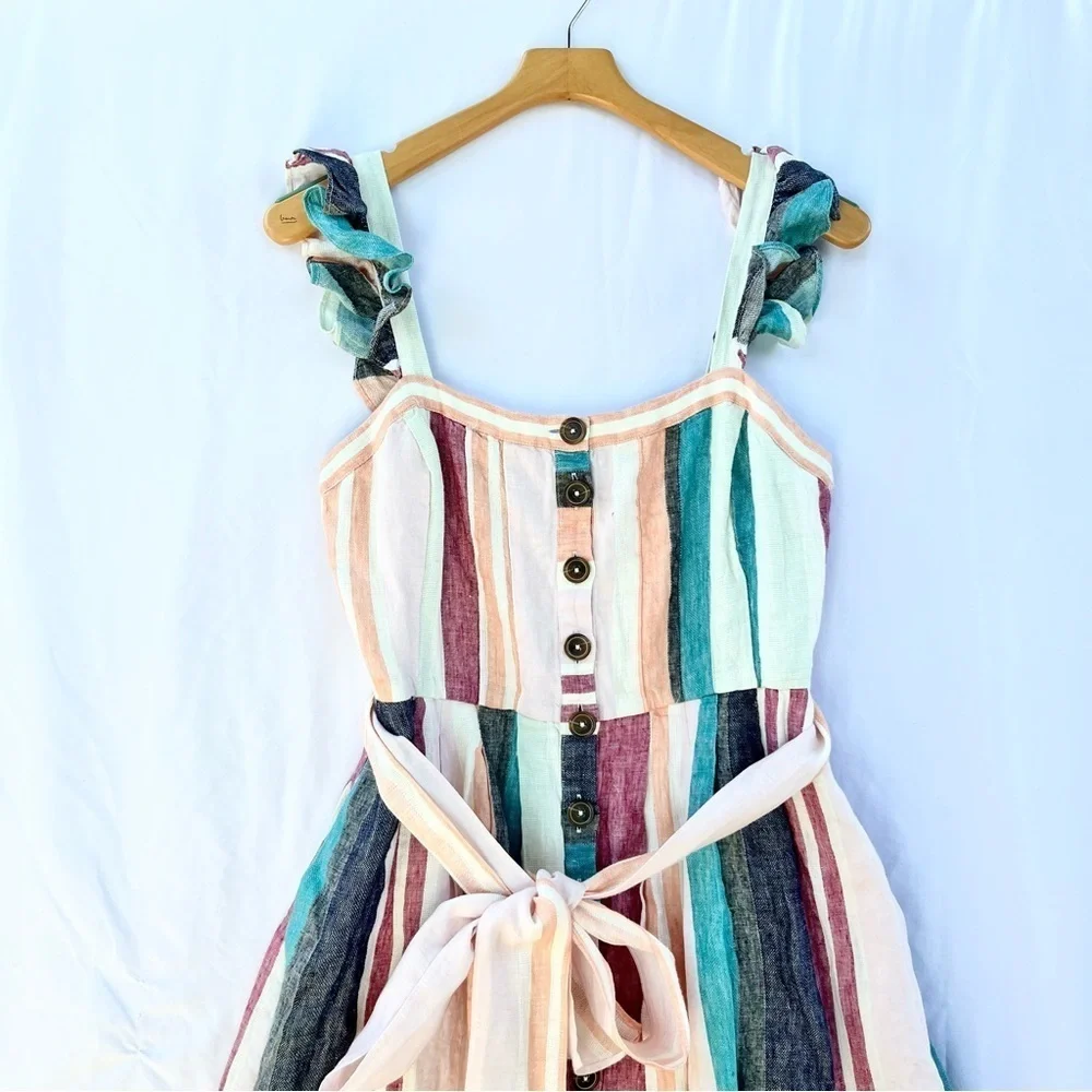 J.CREW | NWT BUTTON UP MIDI DRESS IN MIXED COLORED STRIPES SIZE 6 LINEN